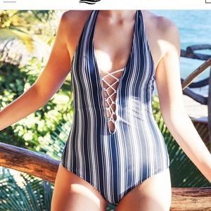 Navy, striped halter one piece